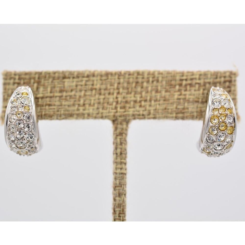 Swarovski Vintage Hoop Earrings Rhinestone Crystal Pave Silver Swan Signed BinAK